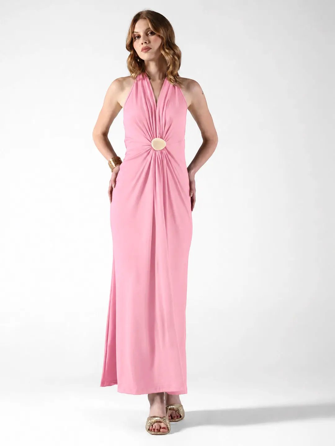 Women's Pink Halter Neck Maxi Dress with Draped Waist