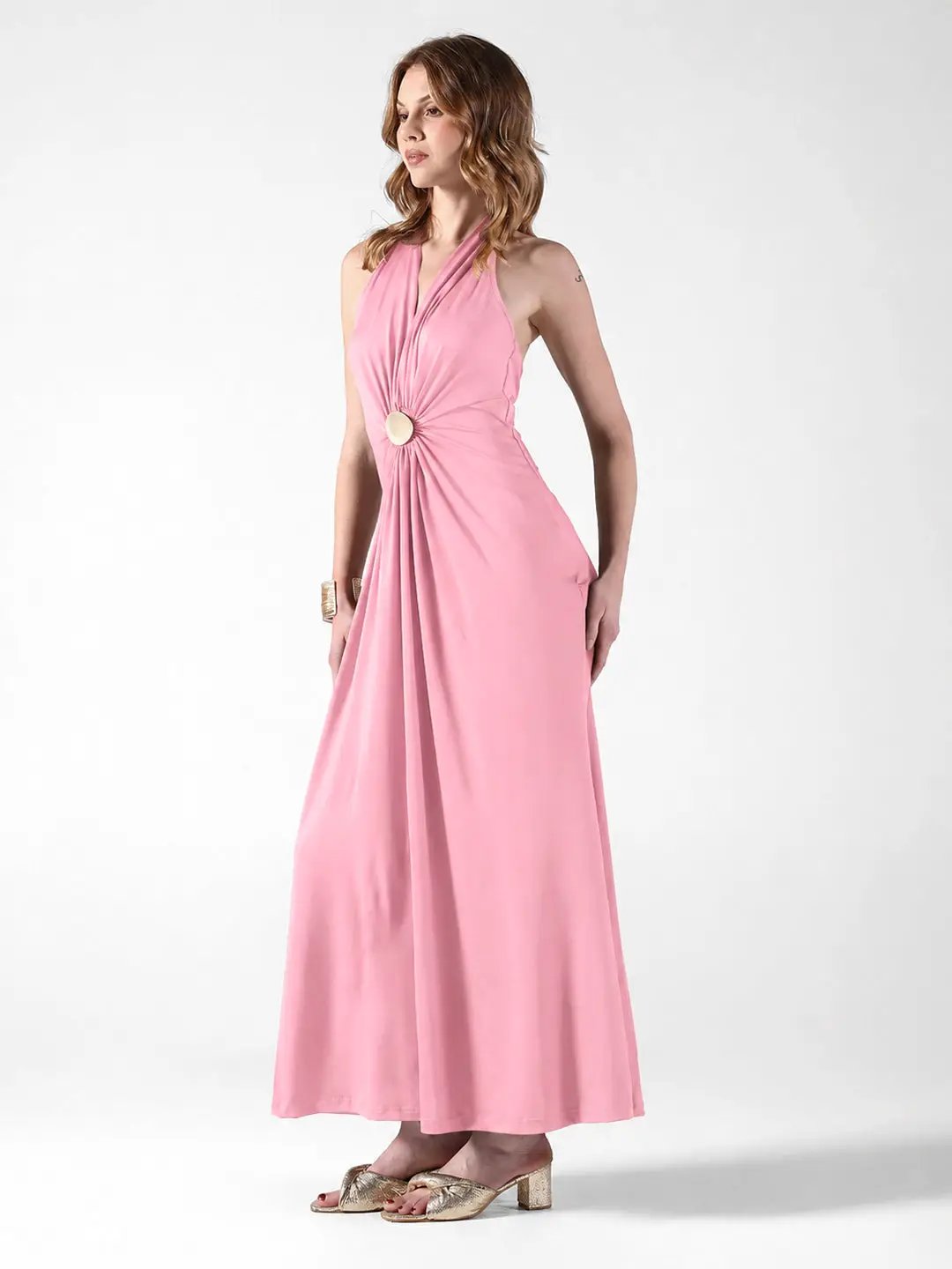 Women's Pink Halter Neck Maxi Dress with Draped Waist