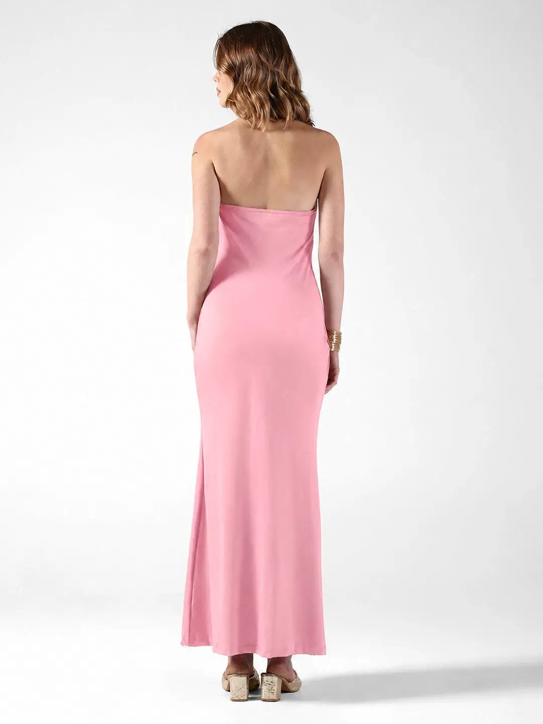Women's Pink Halter Neck Maxi Dress with Draped Waist