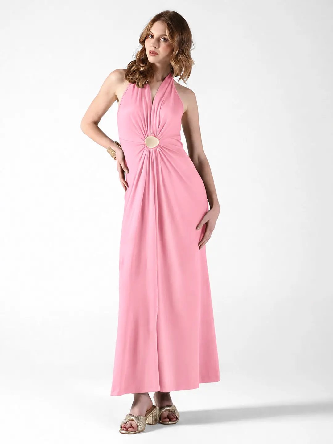 Women's Pink Halter Neck Maxi Dress with Draped Waist