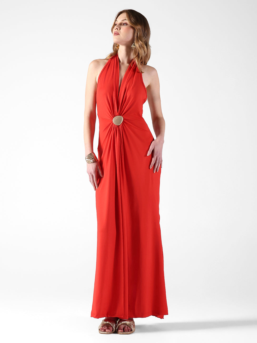 Women's Red Halter Neck Maxi Dress with Draped Waist