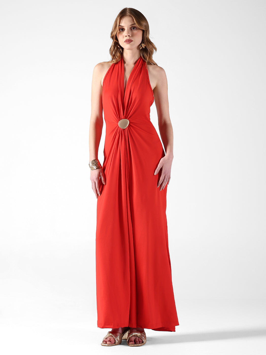 Women's Red Halter Neck Maxi Dress with Draped Waist