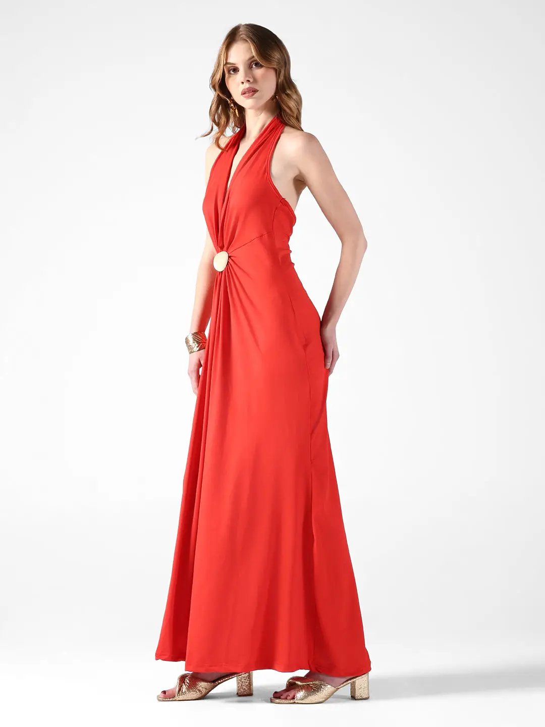 Shop Women's Red Halter Neck Maxi Dress with Draped Waist| Showoffff Shop Women's Red Halter Neck Maxi Dress with Draped Waist| Showoffff