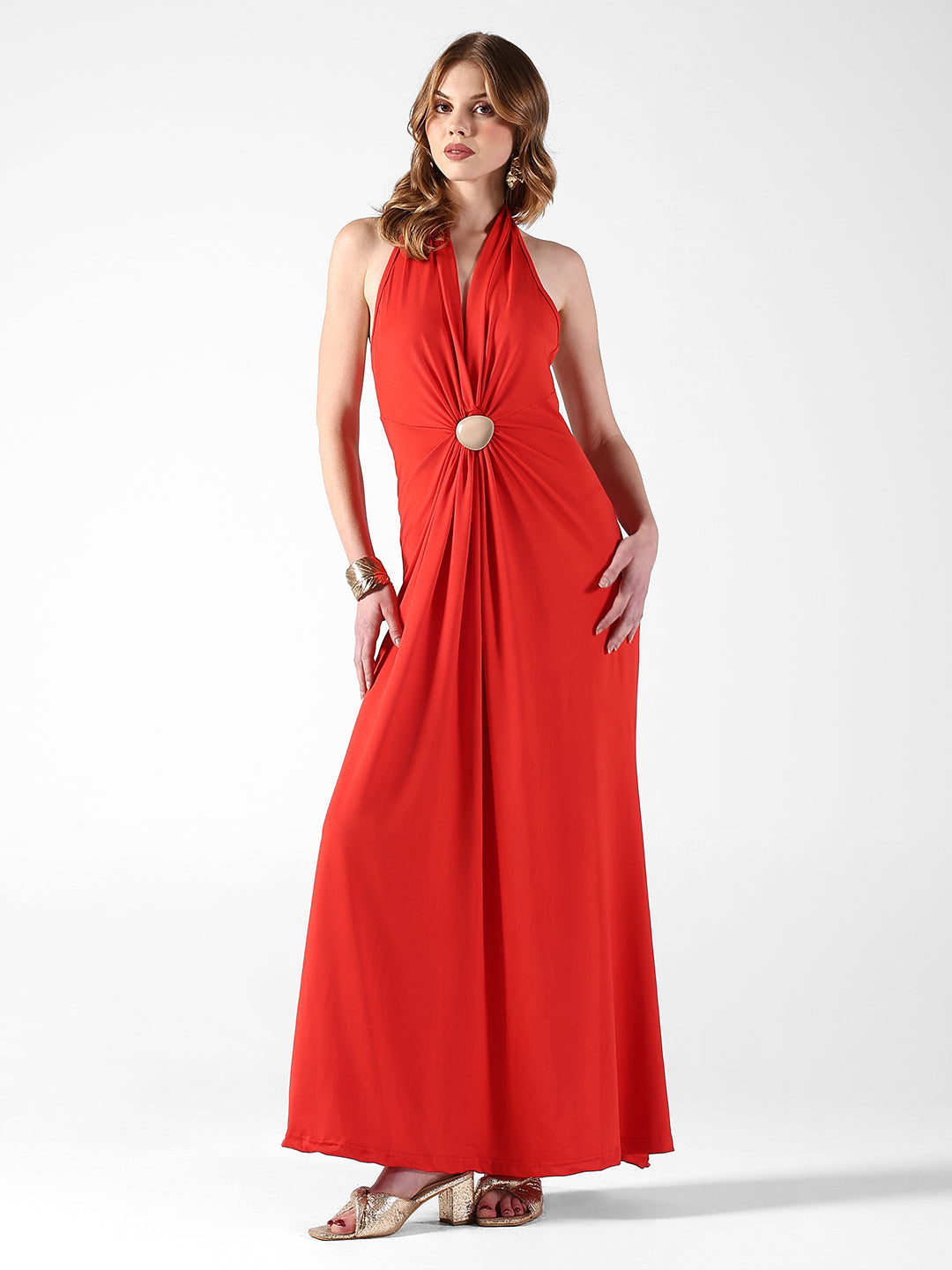 Women's Red Halter Neck Maxi Dress with Draped Waist