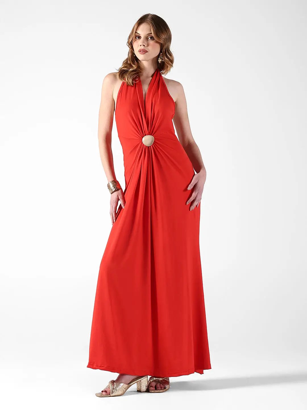 Shop Women's Red Halter Neck Maxi Dress with Draped Waist| Showoffff Shop Women's Red Halter Neck Maxi Dress with Draped Waist| Showoffff