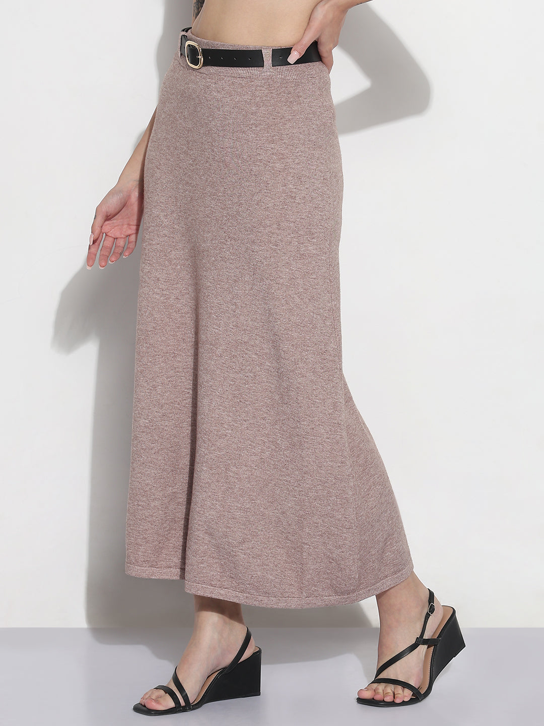 Women's Textured Brown Knitted A-Line Midi Skirt with Belt