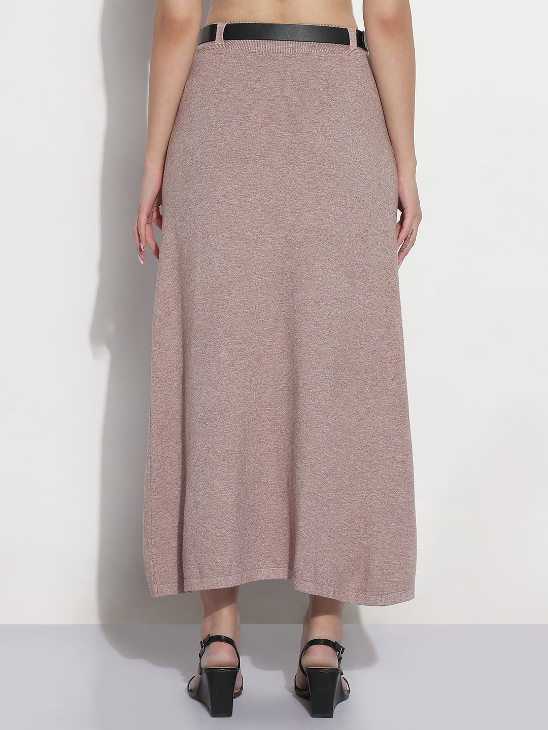 Women's Textured Brown Knitted A-Line Midi Skirt with Belt