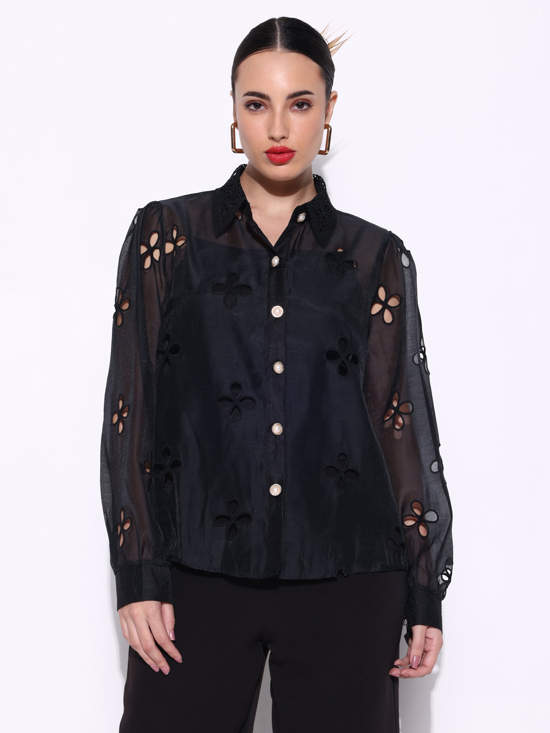 Women Solid Black Schiffili Shirt with Inner Slip