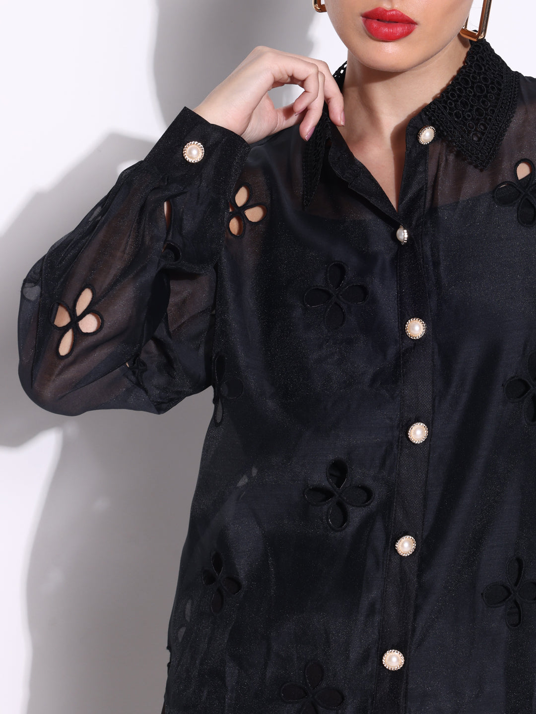 Women Solid Black Schiffili Shirt with Inner Slip