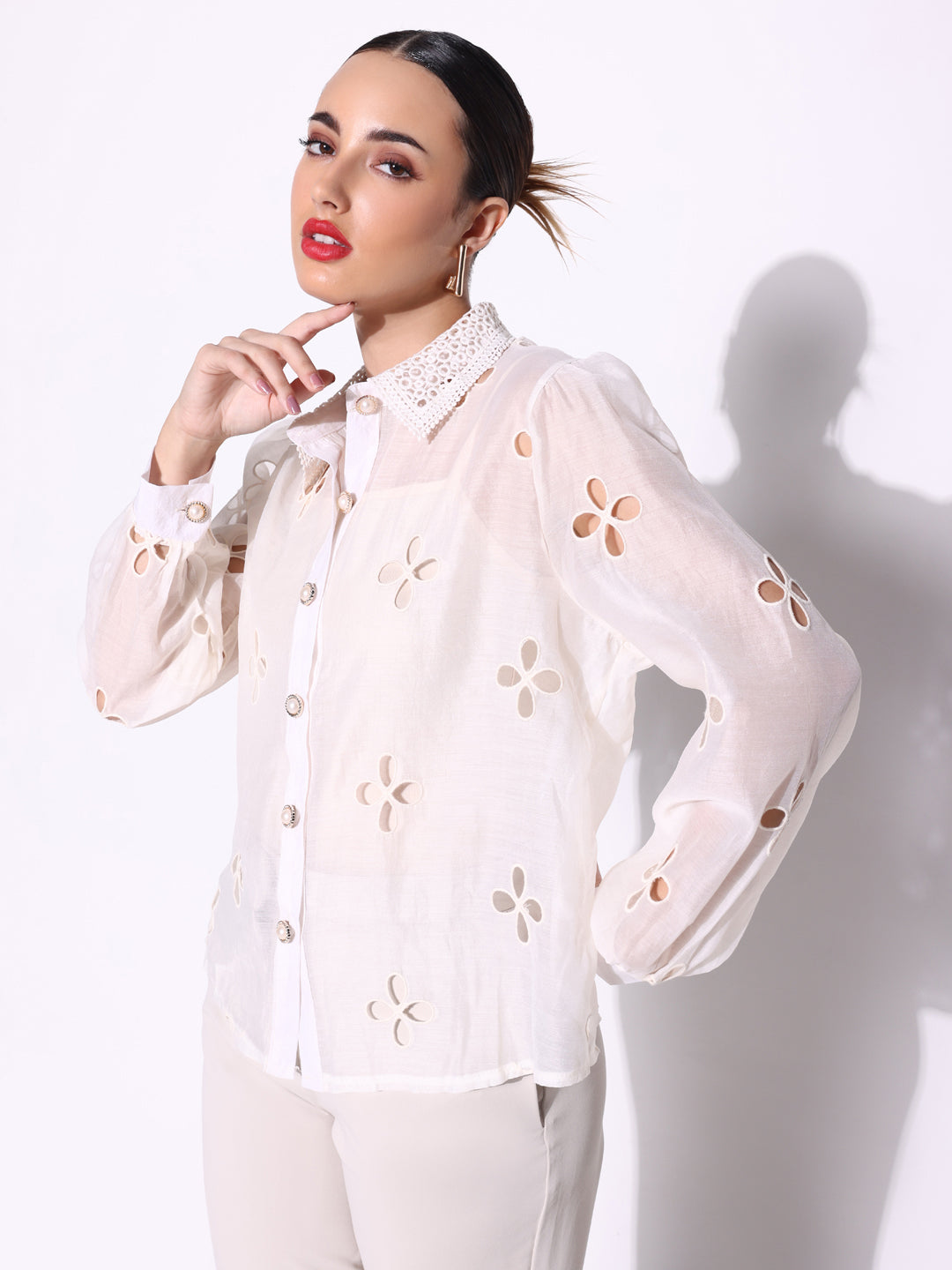 Women Solid Cream Schiffili Shirt with Inner Slip