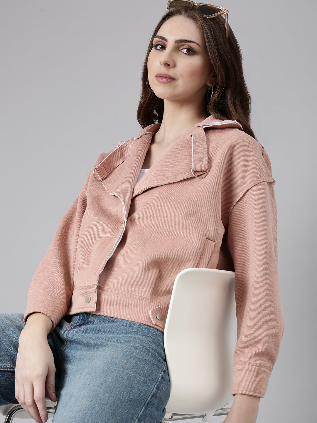 Women Peach Solid Open Front Jacket