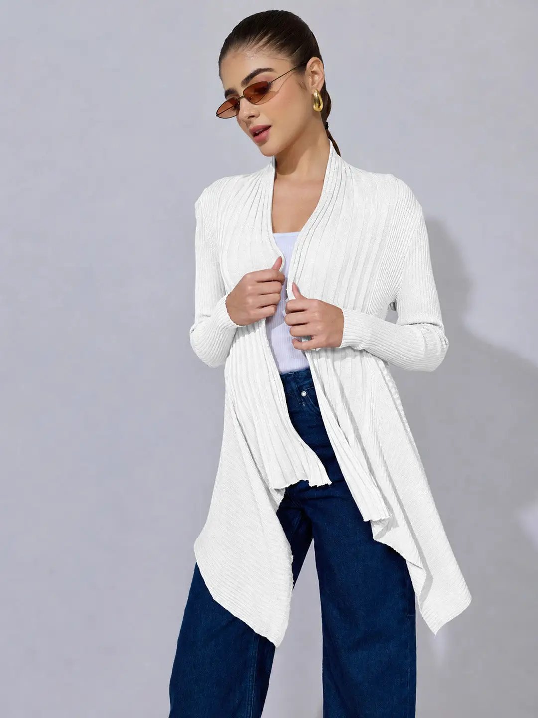 Women's Ribbed White Asymmetric Hem Shrug