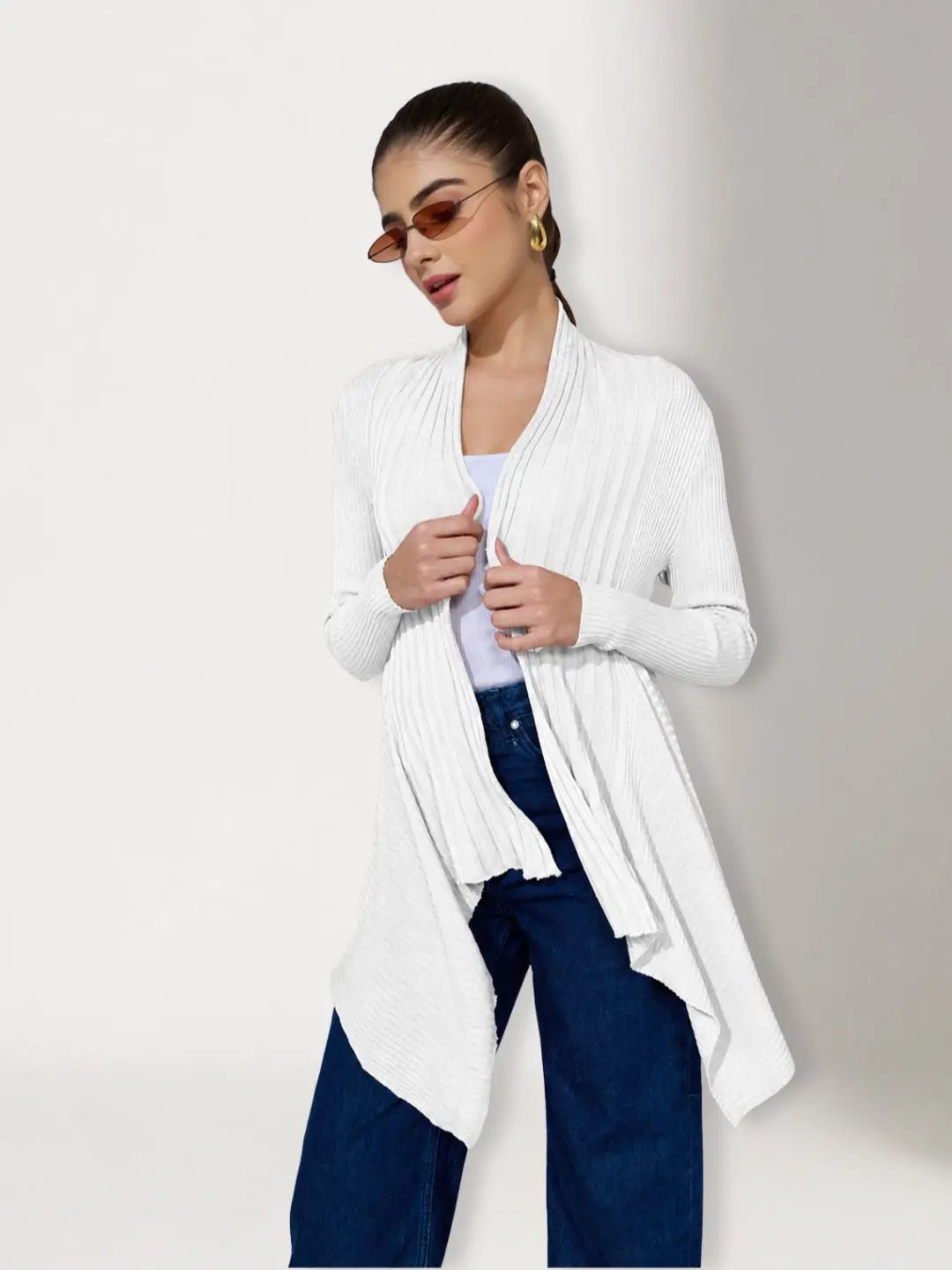 Women's Ribbed White Asymmetric Hem Shrug