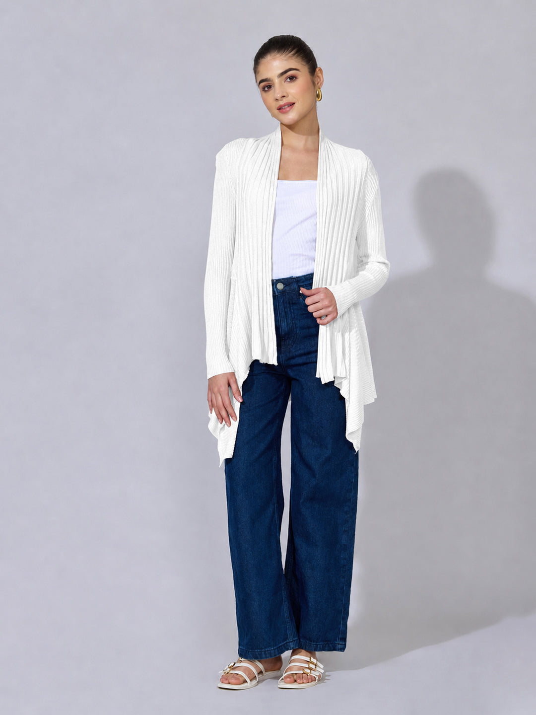 Women's Ribbed White Asymmetric Hem Shrug