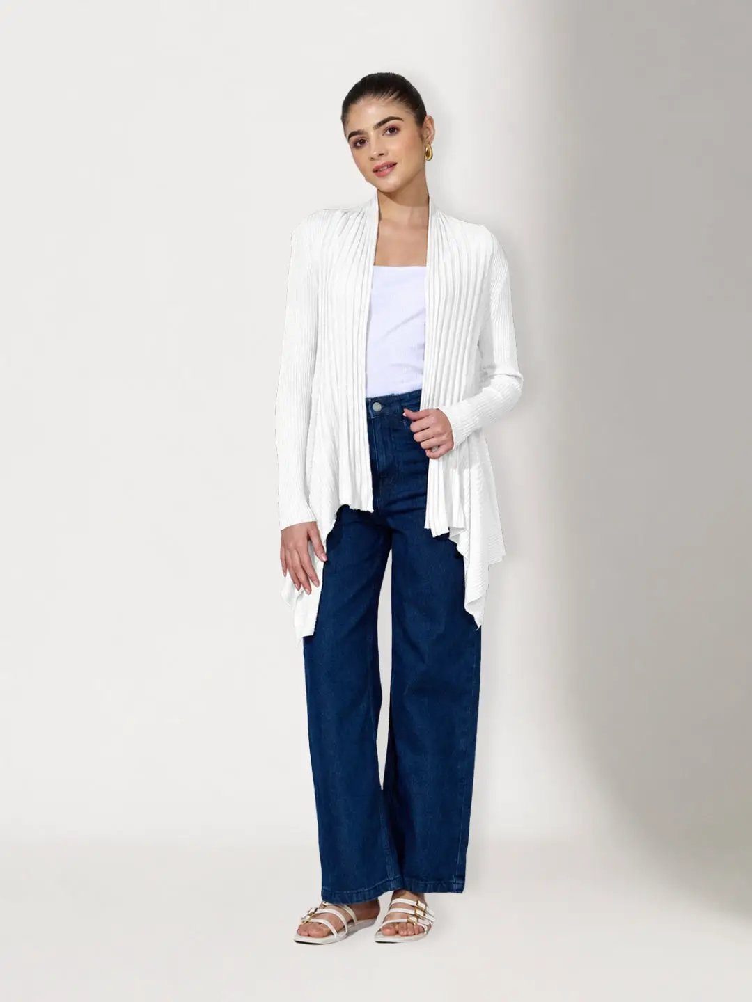 Women's Ribbed White Asymmetric Hem Shrug