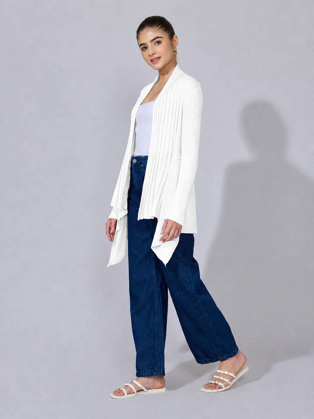 Women's Ribbed White Asymmetric Hem Shrug