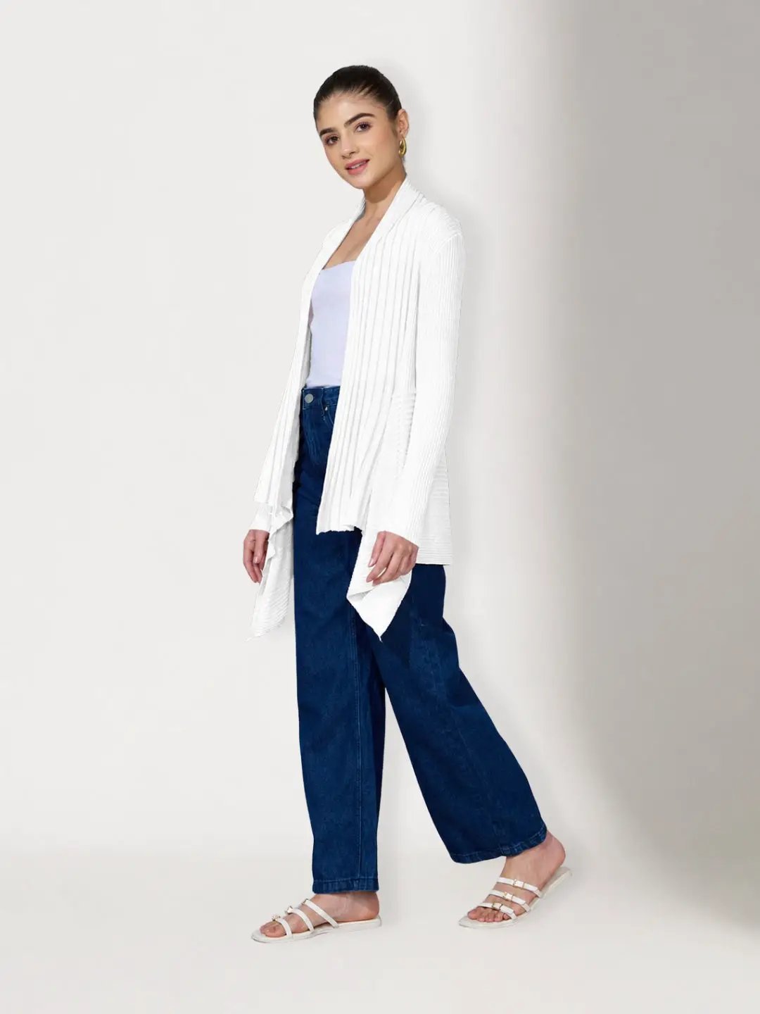 Women's Ribbed White Asymmetric Hem Shrug