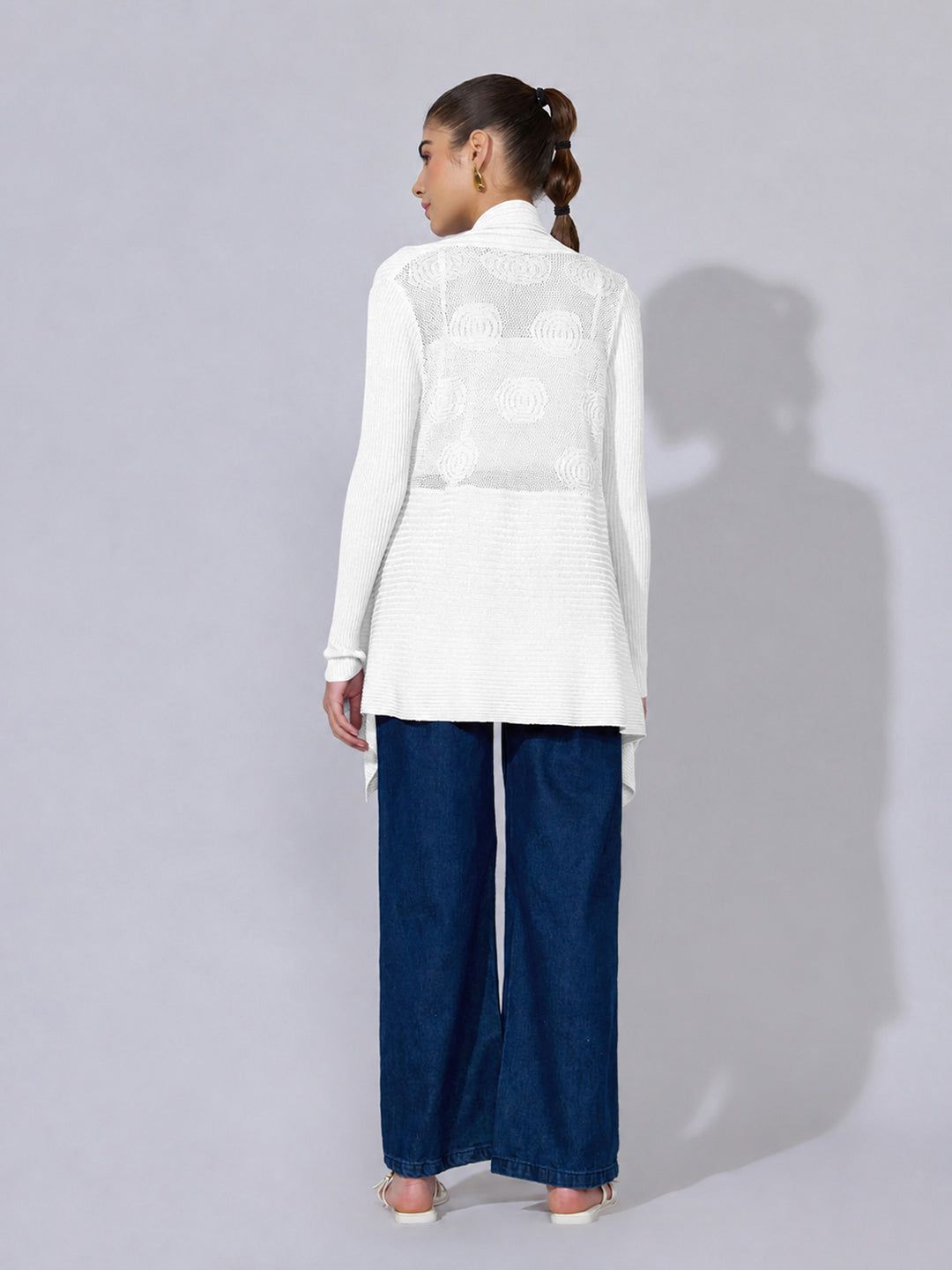 Women's Ribbed White Asymmetric Hem Shrug