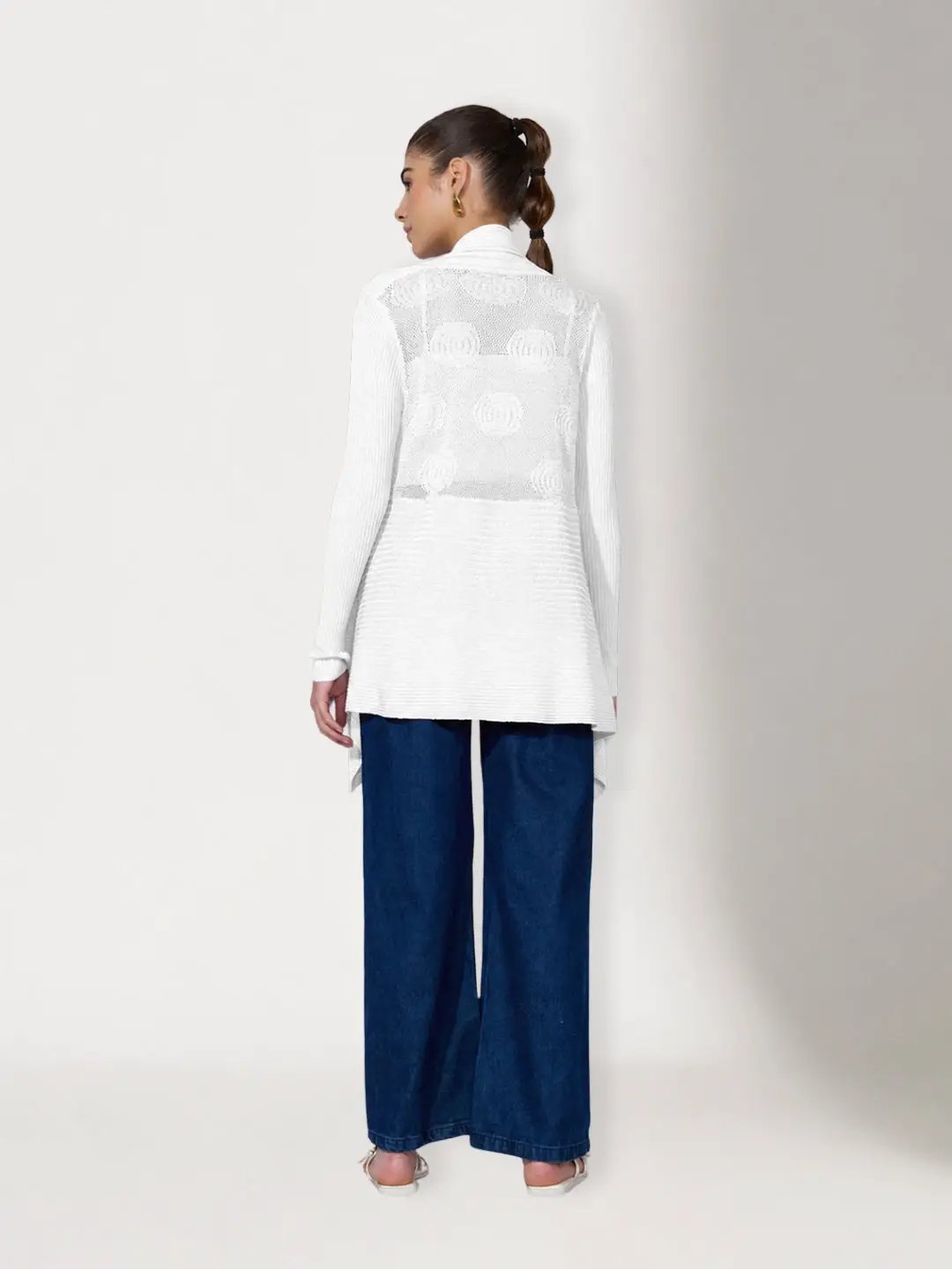 Women's Ribbed White Asymmetric Hem Shrug