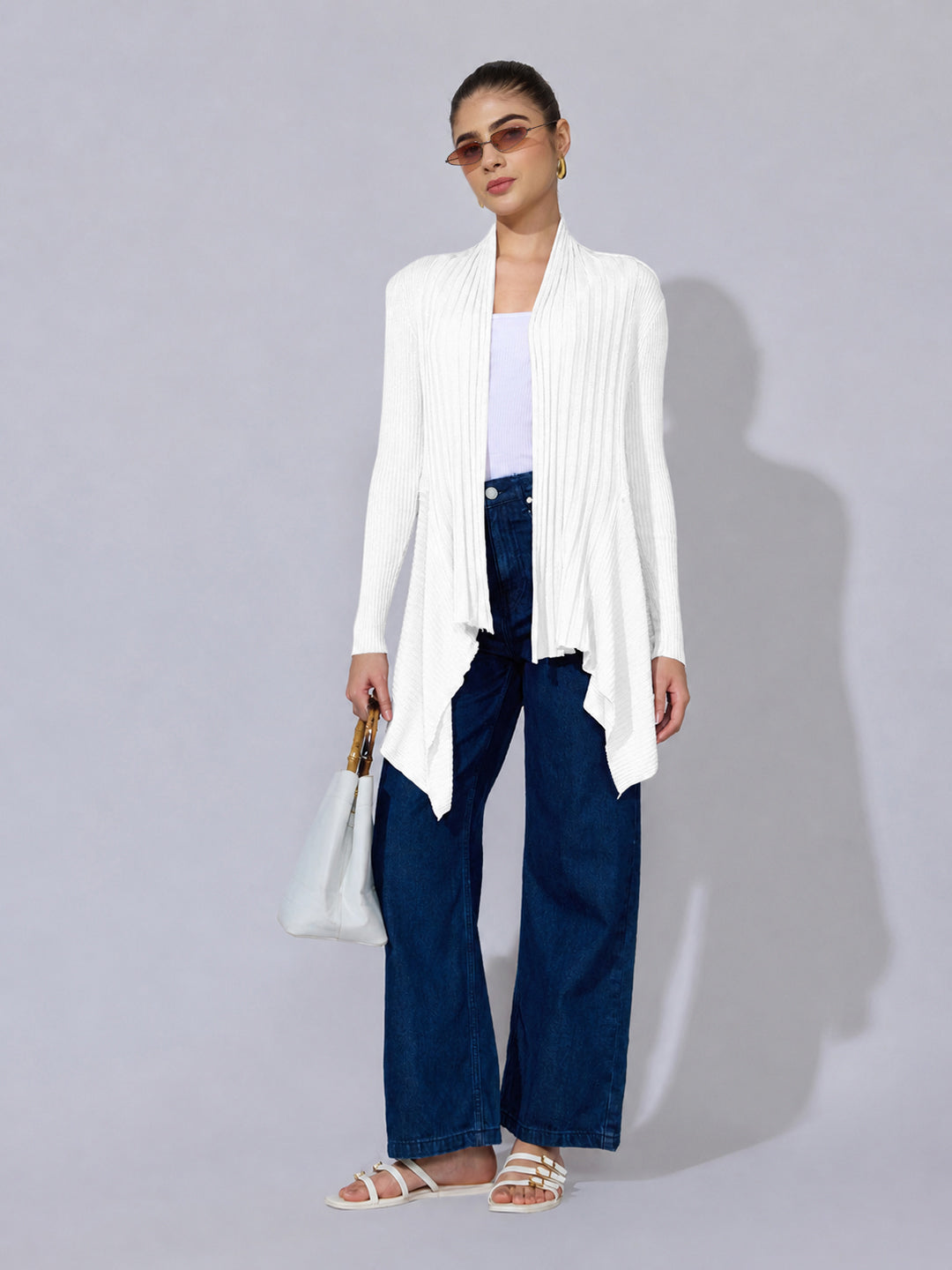 Women's Ribbed White Asymmetric Hem Shrug