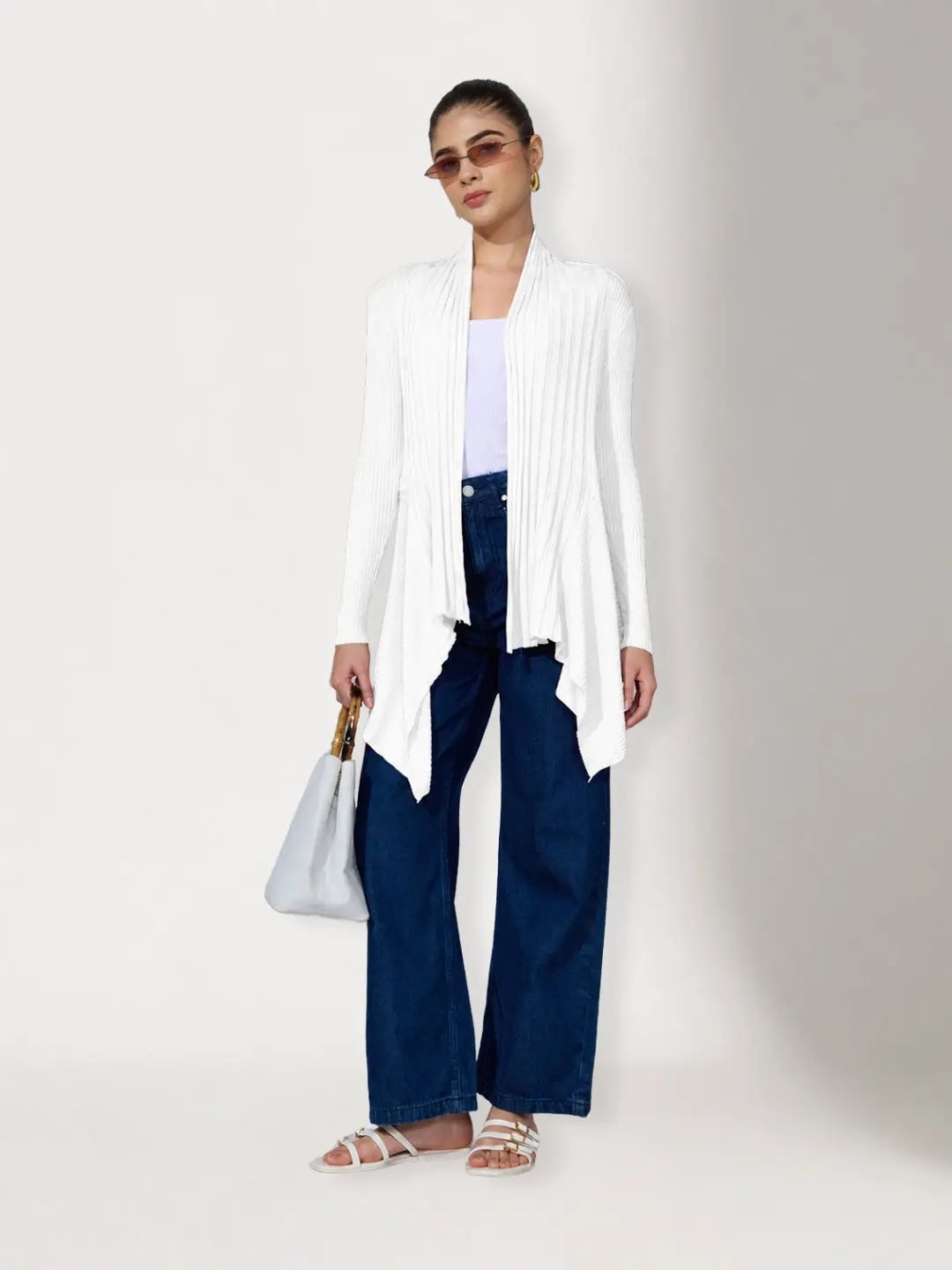 Women's Ribbed White Asymmetric Hem Shrug