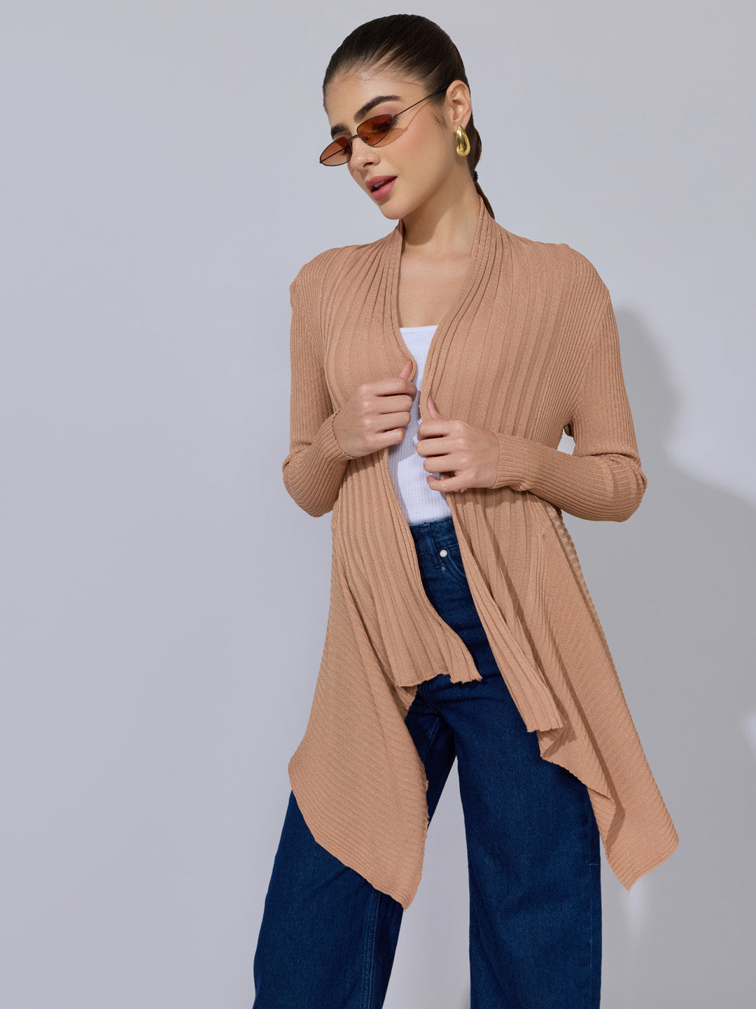 Women's Ribbed Beige Open Front Shrug