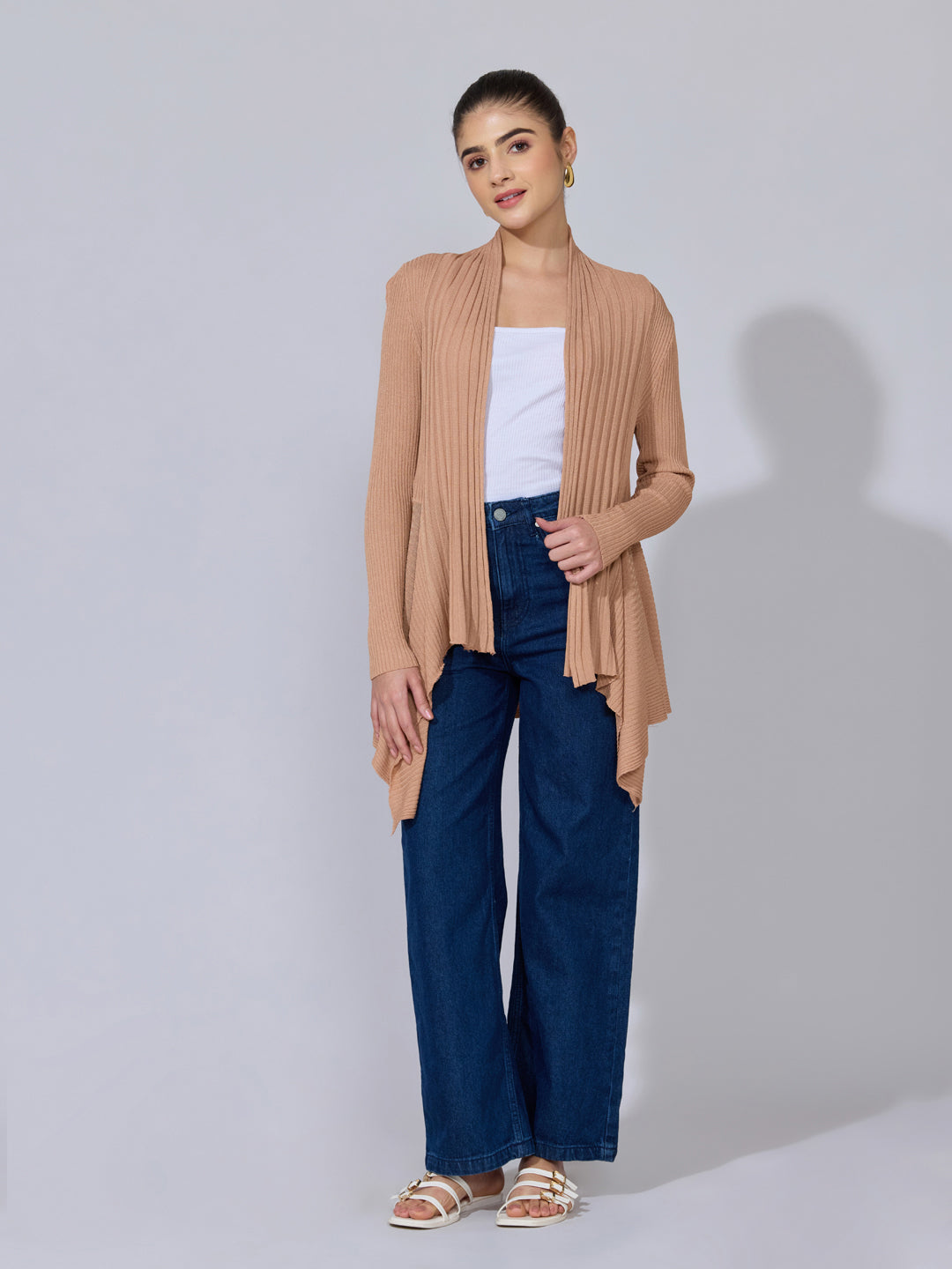 Women's Ribbed Beige Open Front Shrug