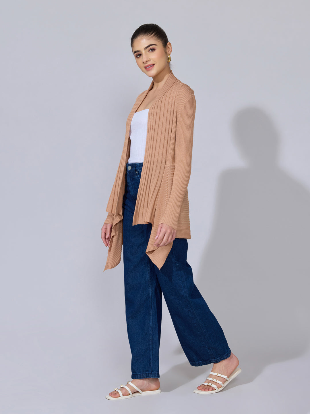 Women's Ribbed Beige Open Front Shrug