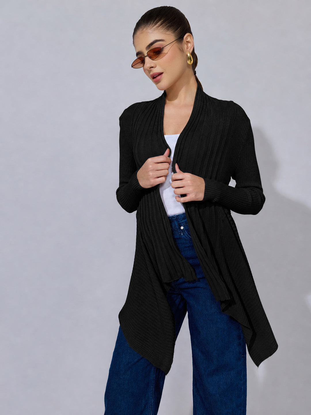 Women's Ribbed Black Asymmetric Hem Shrug