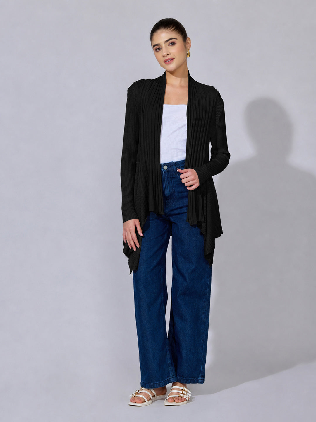Women's Ribbed Black Asymmetric Hem Shrug