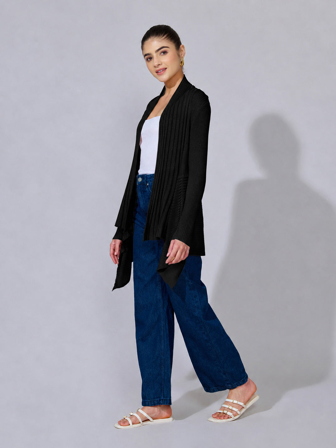 Women's Ribbed Black Asymmetric Hem Shrug