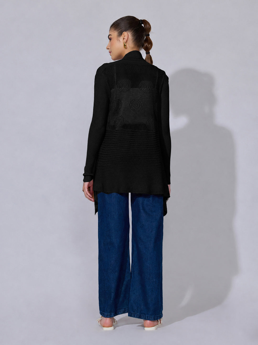 Women's Ribbed Black Asymmetric Hem Shrug