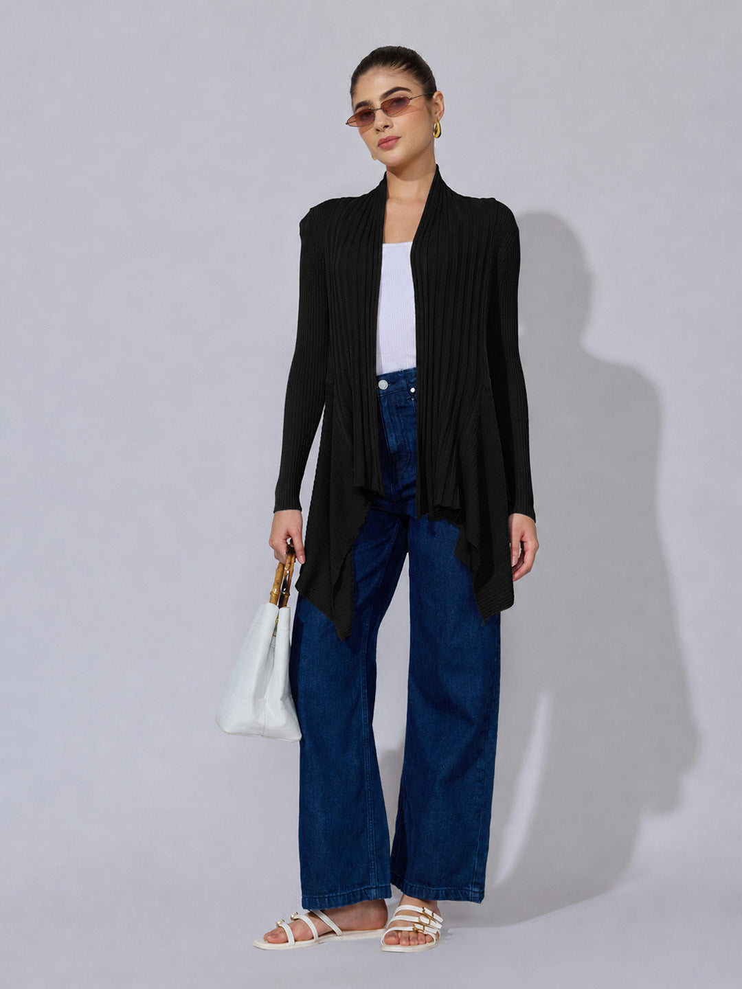 Women's Ribbed Black Asymmetric Hem Shrug