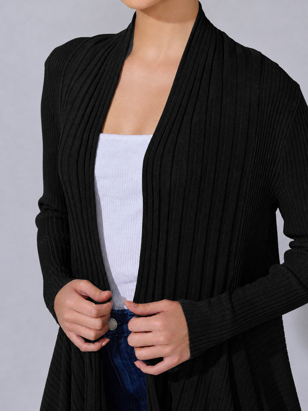 Women's Ribbed Black Asymmetric Hem Shrug