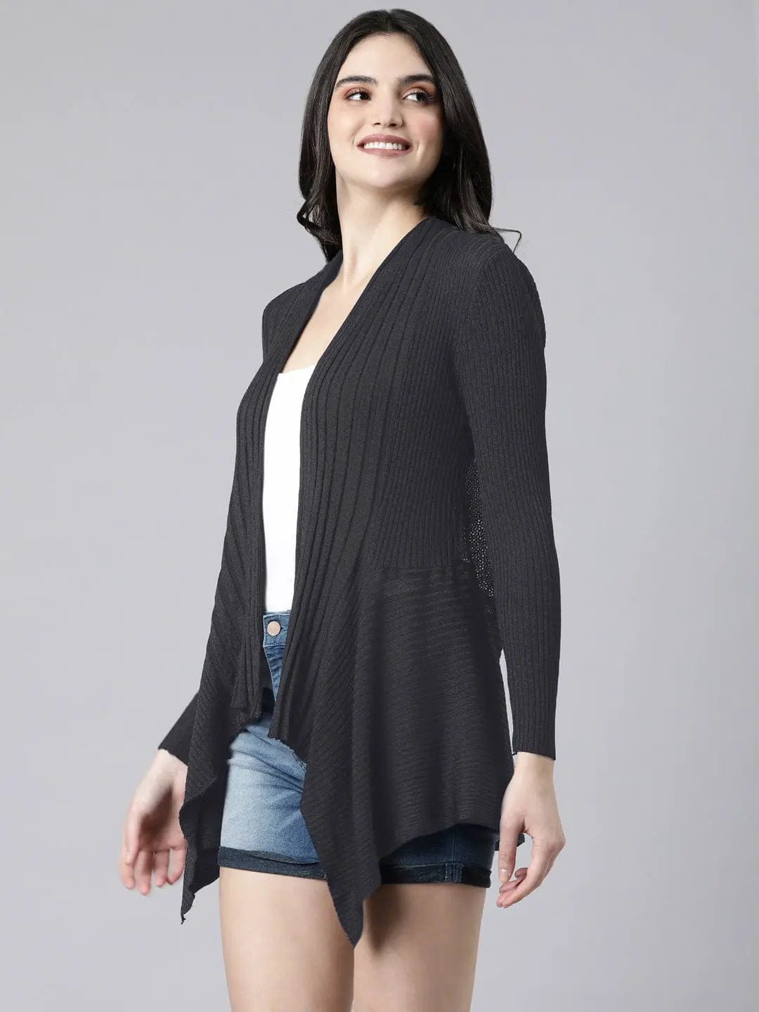 Women's Ribbed Grey Asymmetric Hem Shrug - from SHOWOFFFF
