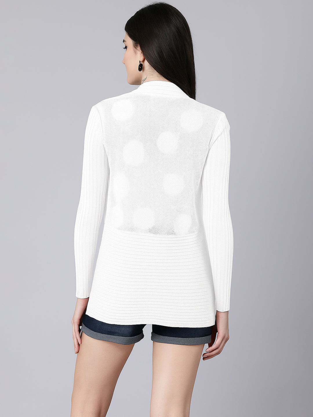 Women's Ribbed White Asymmetric Hem Shrug