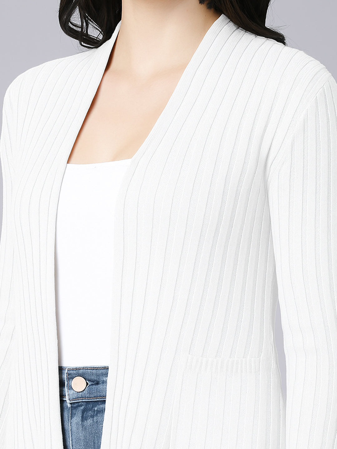 Women's Ribbed White Asymmetric Hem Shrug