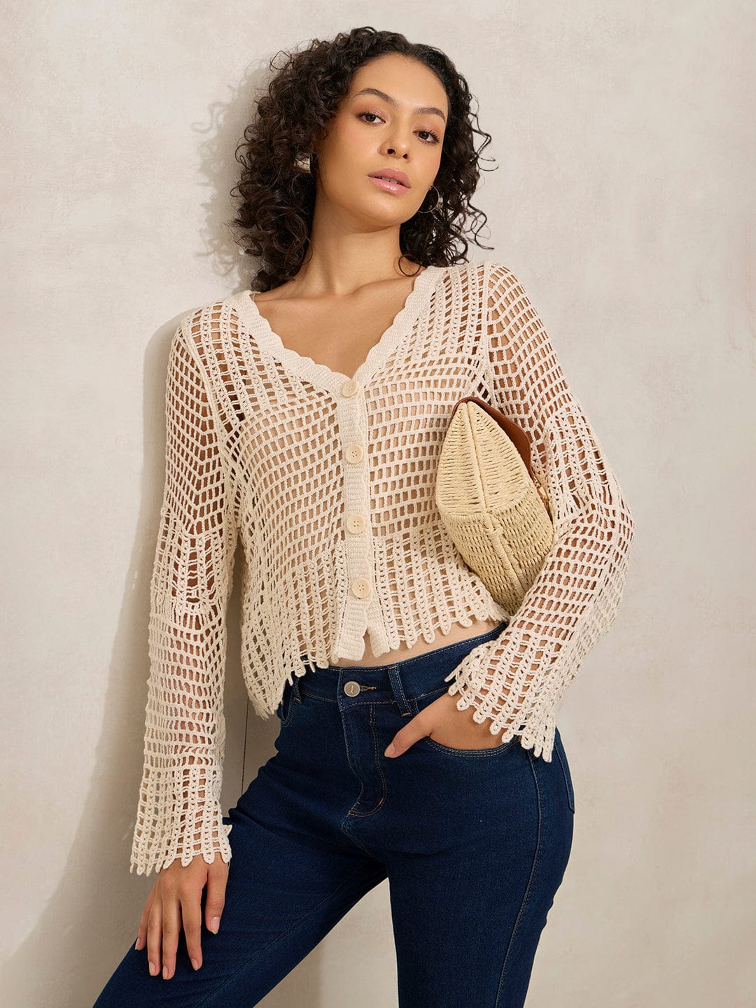 Women's Crochet Beige V-Neck Full Sleeves Top with Buttons