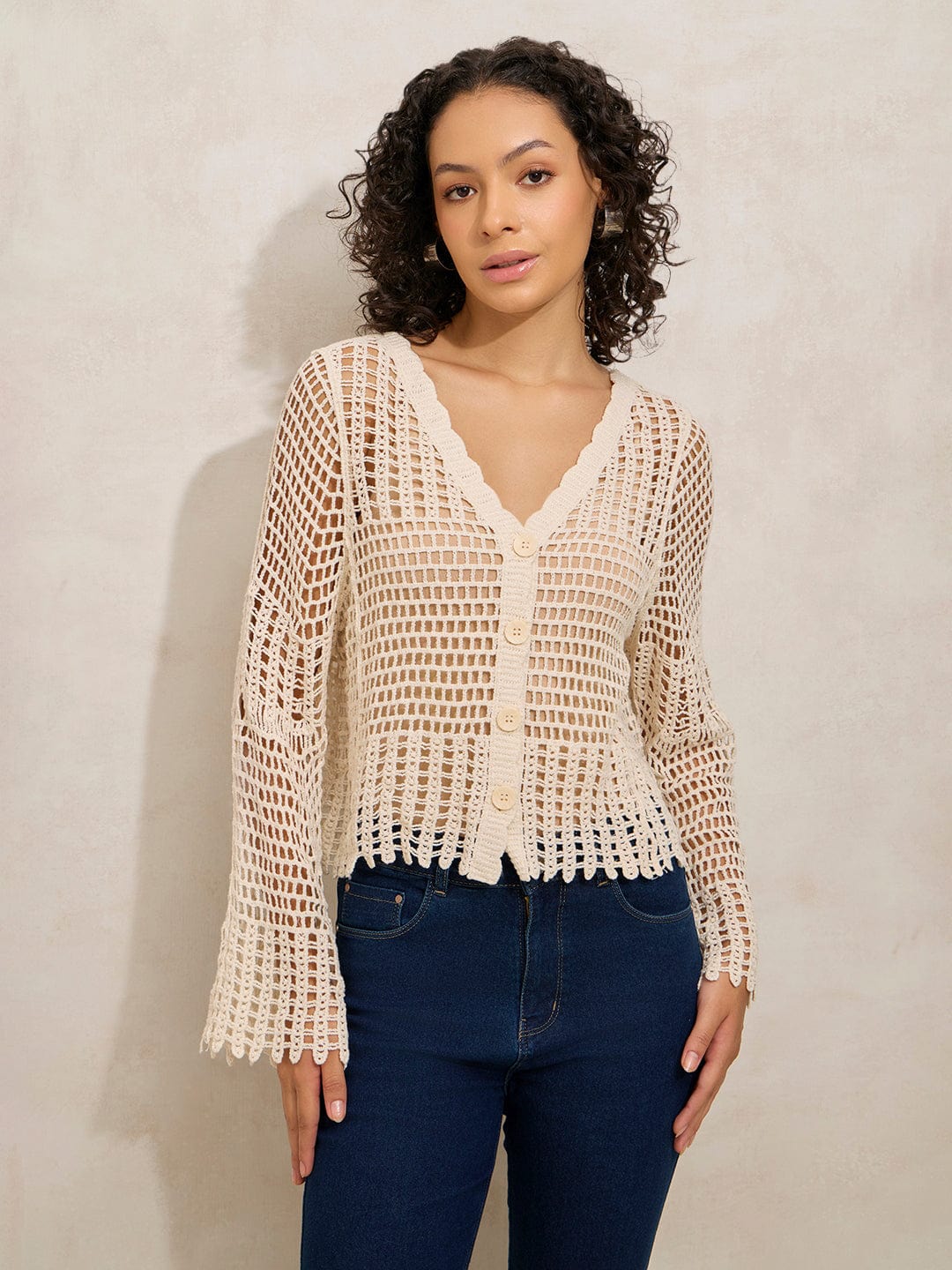 Women's Crochet Beige V-Neck Full Sleeves Top with Buttons