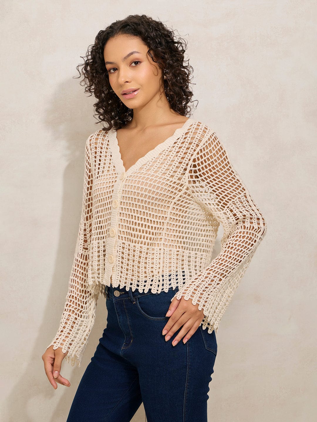 Women's Crochet Beige V-Neck Full Sleeves Top with Buttons