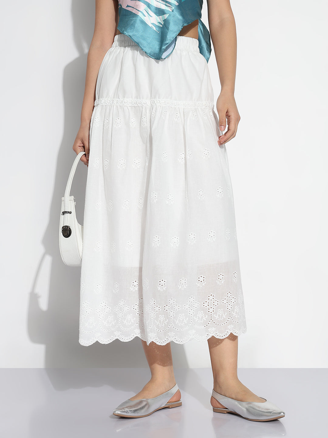 Women White Solid Flared Midi Schiffli Skirt