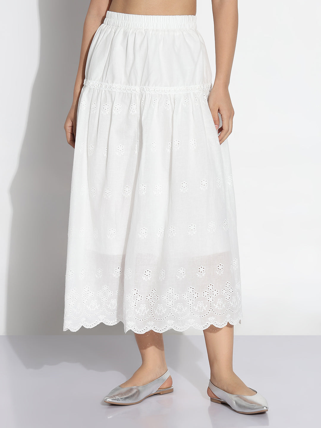 Women White Solid Flared Midi Schiffli Skirt