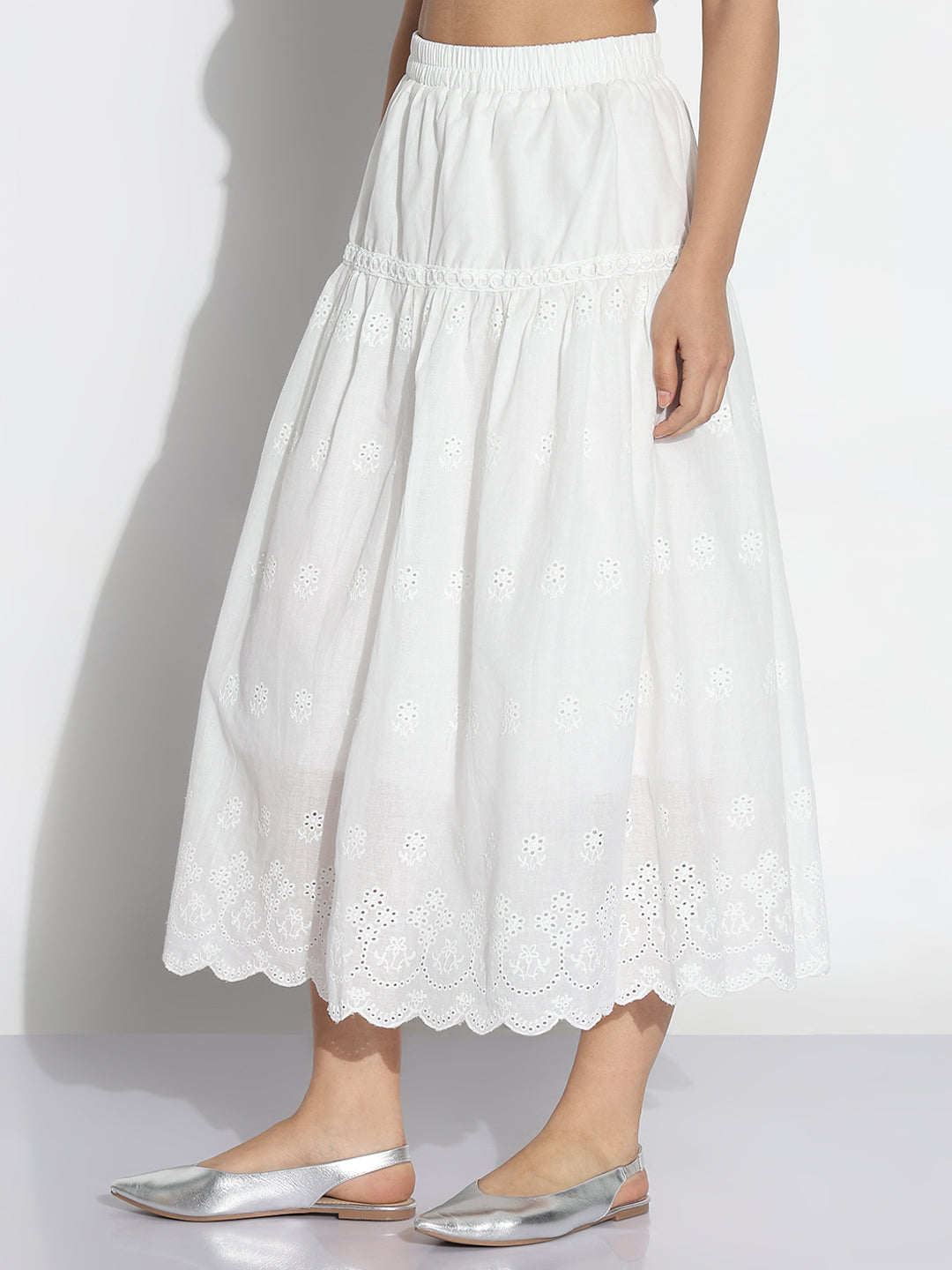 Women White Solid Flared Midi Schiffli Skirt