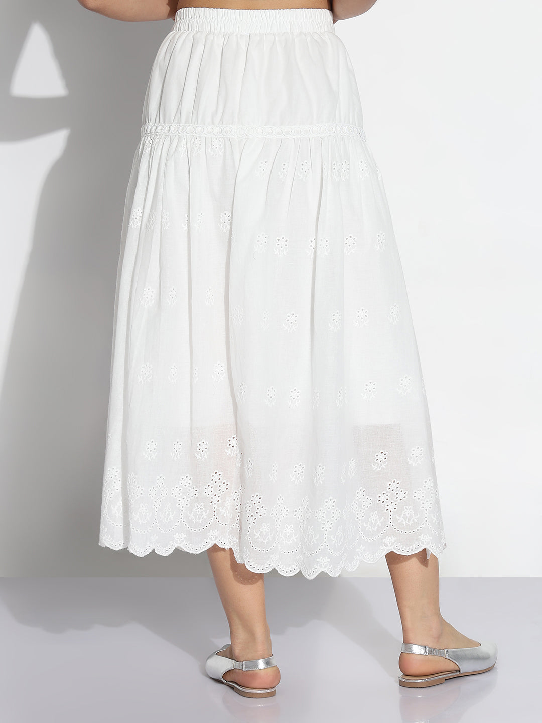 Women White Solid Flared Midi Schiffli Skirt