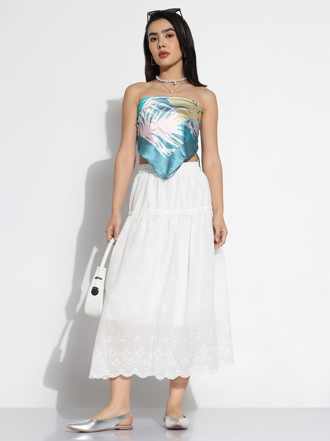 Women White Solid Flared Midi Schiffli Skirt