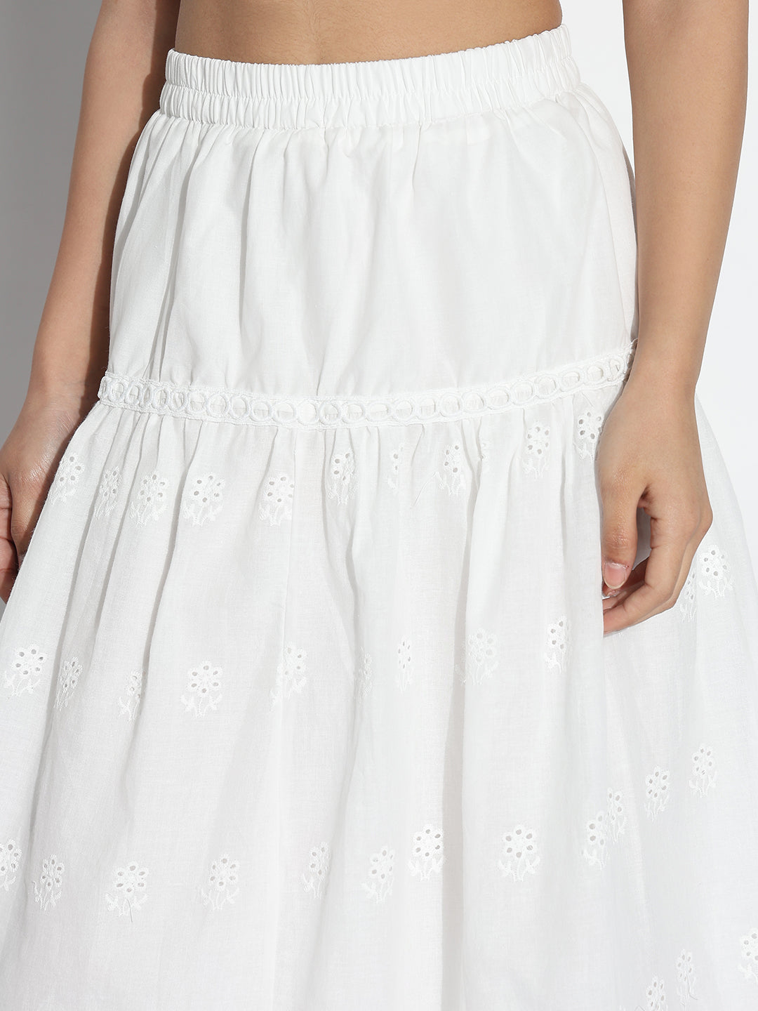 Women White Solid Flared Midi Schiffli Skirt