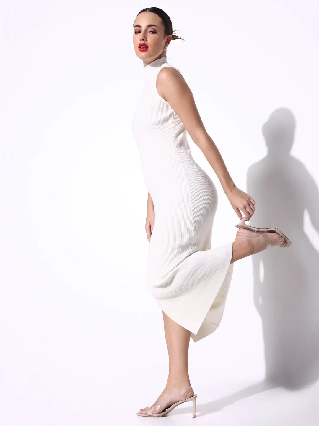 Shop Women's Off White Ribbed Bodycon Midi Dress with Front Thigh Slit| Showoffff