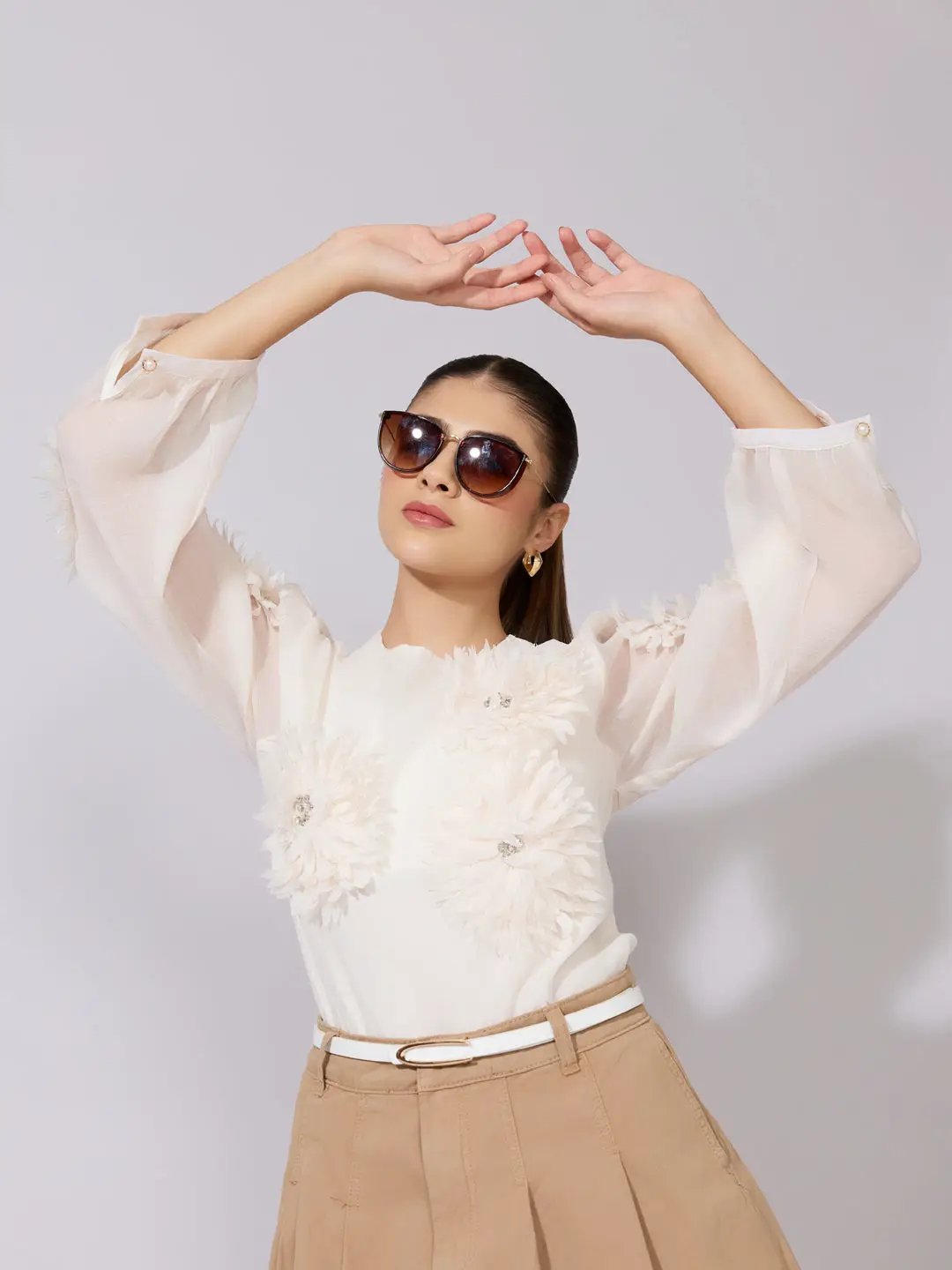 Women's Floral Appliqué Cream Top