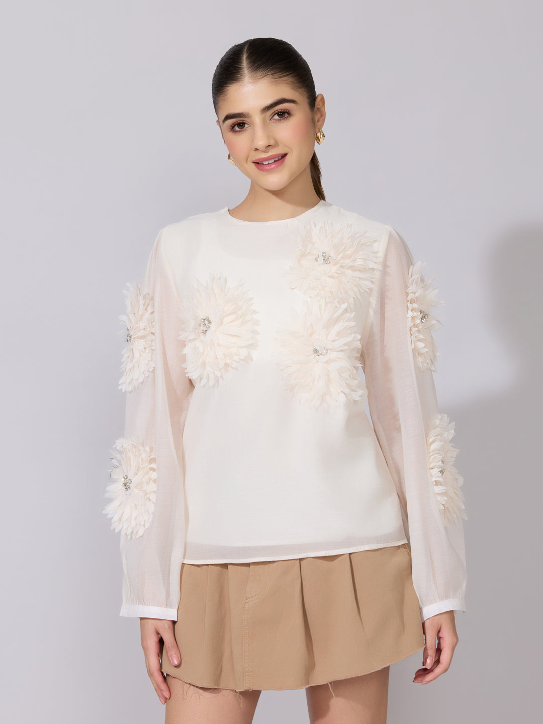 Women's Floral Appliqué Cream Top