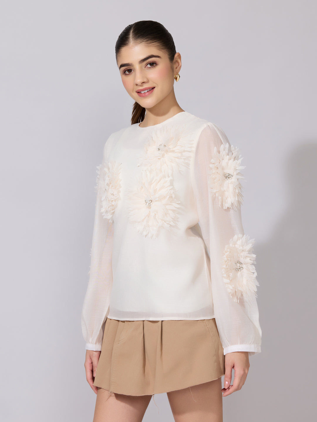 Women's Floral Appliqué Cream Top